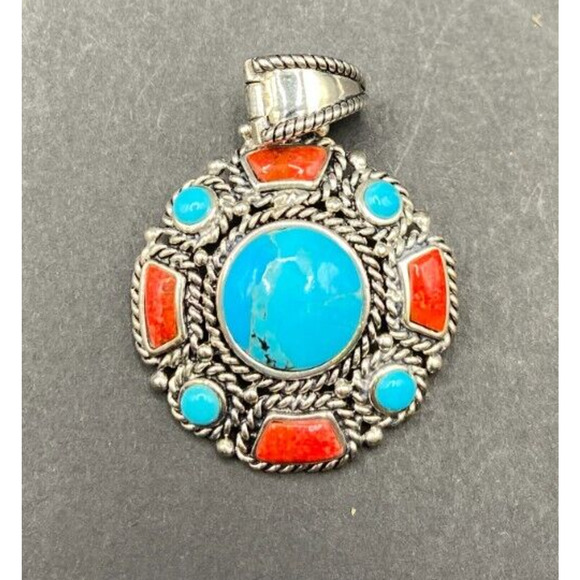 Turquoise Coral Round Charm Pendant Filigree Sterling Silver Crystal NK Thailand - Picture 5 of 8